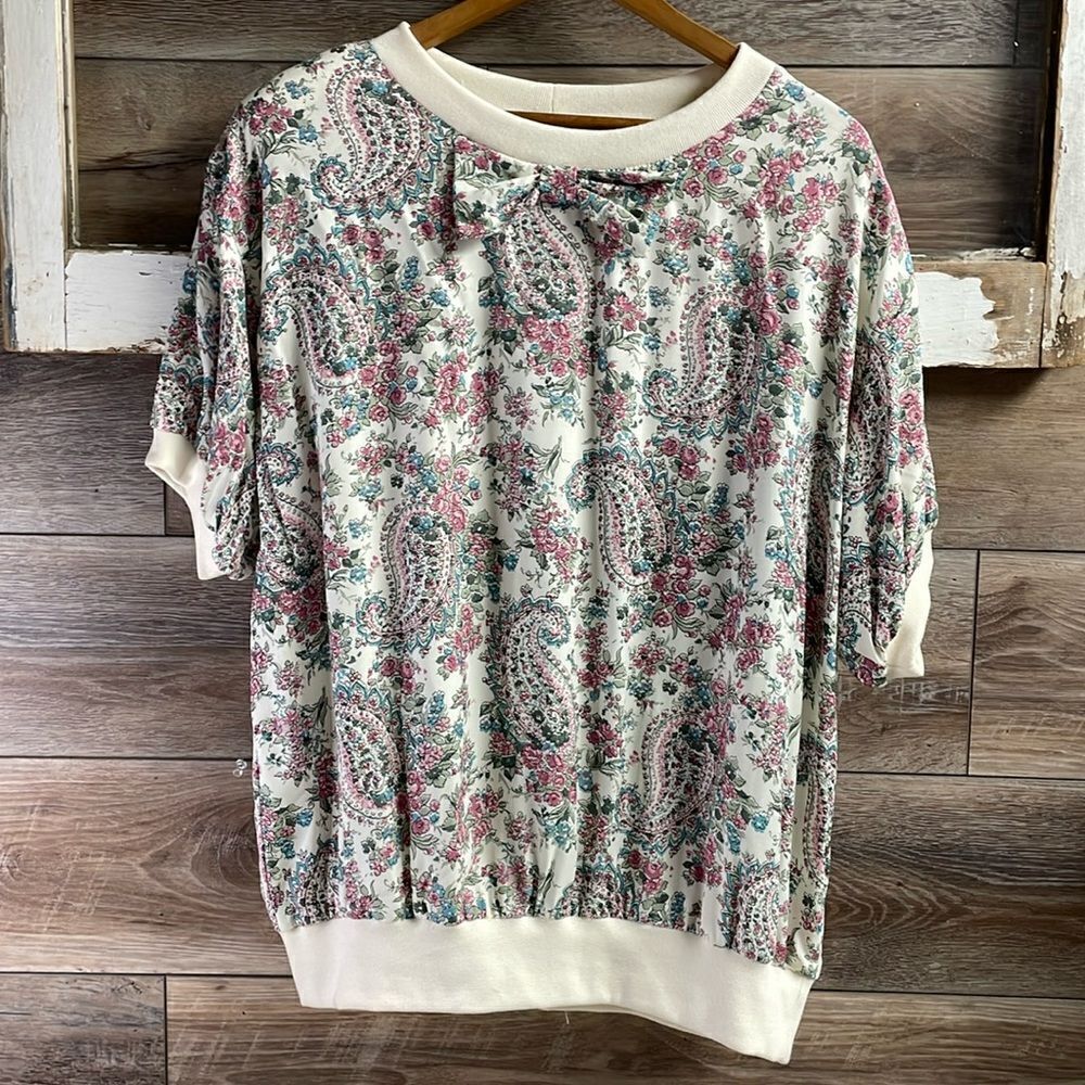 Unbranded Ladies Pullover Floral Paisley Blouse, Off White, Pink, Sage and Teal